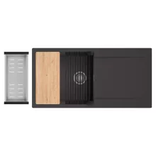 HD Onyx Antracit 100 egymedencés gránit mosogatótálca szett, csepegtetőtálcával, vágódeszkával, matt fekete csepegtetőráccsal és krómozott kosárral, matt antracit színben, szálcsiszolt króm leeresztő szifonnal