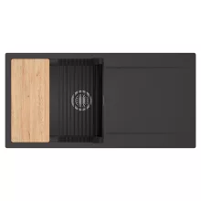 HD Onyx Antracit 100 egymedencés gránit mosogatótálca szett, csepegtetőtálcával, vágódeszkával, matt fekete csepegtetőráccsal, matt antracit színben, szálcsiszolt króm leeresztő szifonnal