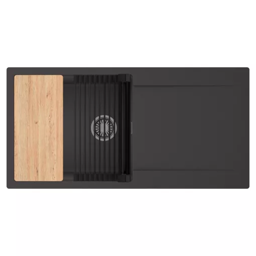 HD Onyx Antracit 100 egymedencés gránit mosogatótálca szett, csepegtetőtálcával, vágódeszkával, matt fekete csepegtetőráccsal, matt antracit színben, szálcsiszolt króm leeresztő szifonnal