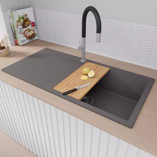 HD Onyx Antracit 100 egymedencés gránit mosogatótálca szett, csepegtetőtálcával, vágódeszkával, matt fekete csepegtetőráccsal, matt antracit színben, szálcsiszolt króm leeresztő szifonnal