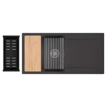 HD Onyx Antracit 100 egymedencés gránit mosogatótálca szett, csepegtetőtálcával, vágódeszkával, acél csepegtetőráccsal és matt fekete kosárral, matt antracit színben, szálcsiszolt króm leeresztő szifonnal