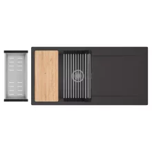 HD Onyx Antracit 100 egymedencés gránit mosogatótálca szett, csepegtetőtálcával, vágódeszkával, acél csepegtetőráccsal és kosárral, matt antracit színben, szálcsiszolt króm leeresztő szifonnal