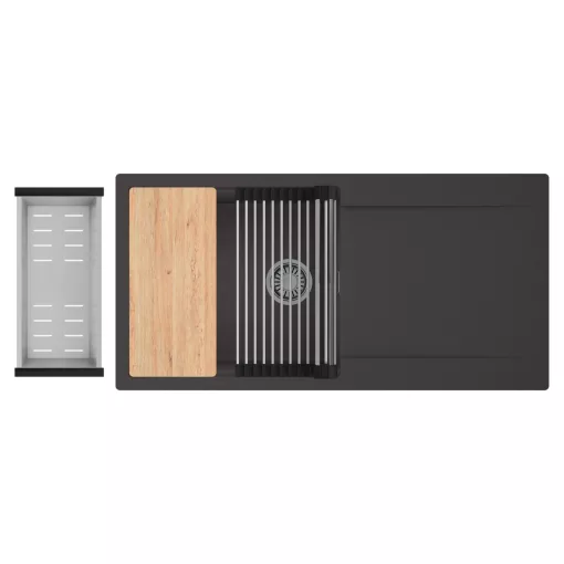 HD Onyx Antracit 100 egymedencés gránit mosogatótálca szett, csepegtetőtálcával, vágódeszkával, acél csepegtetőráccsal és kosárral, matt antracit színben, szálcsiszolt króm leeresztő szifonnal