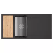 HD Onyx Antracit 100 egymedencés gránit mosogatótálca szett, csepegtetőtálcával, vágódeszkával, acél csepegtetőráccsal, matt antracit színben, szálcsiszolt króm leeresztő szifonnal