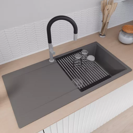 HD Onyx Antracit 100 egymedencés gránit mosogatótálca szett, csepegtetőtálcával, vágódeszkával, acél csepegtetőráccsal, matt antracit színben, szálcsiszolt króm leeresztő szifonnal