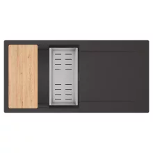 HD Onyx Antracit 100 egymedencés gránit mosogatótálca szett, csepegtetőtálcával, vágódeszkával, acél csepegtetőkosárral, matt antracit színben, szálcsiszolt króm leeresztő szifonnal