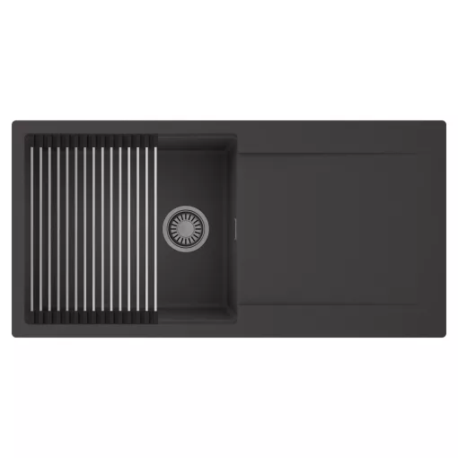 HD Onyx Antracit 100 egymedencés mosogatótálca szett, acél csepegtetőráccsal, csepegtetőtálcával, matt antracit színben, szálcsiszolt króm leeresztő szifonnal