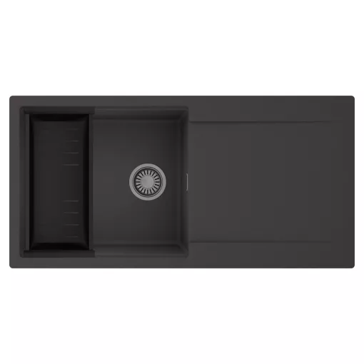 HD Onyx Antracit 100 egymedencés mosogatótálca szett, matt fekete csepegtetőkosárral, csepegtetőtálcával, matt antracit színben, szálcsiszolt króm leeresztő szifonnal