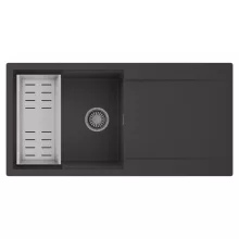 HD Onyx Antracit 100 egymedencés mosogatótálca szett, acél csepegtetőkosárral, csepegtetőtálcával, matt antracit színben, szálcsiszolt króm leeresztő szifonnal