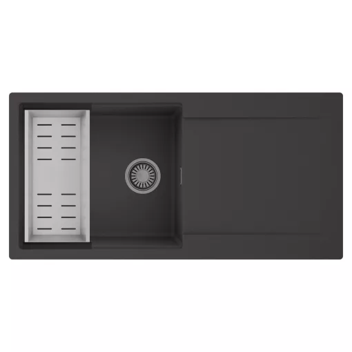 HD Onyx Antracit 100 egymedencés mosogatótálca szett, acél csepegtetőkosárral, csepegtetőtálcával, matt antracit színben, szálcsiszolt króm leeresztő szifonnal