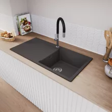 HD Onyx Antracit 100 egymedencés mosogatótálca, csepegtetőtálcával, matt antracit színben, szálcsiszolt króm leeresztő szifonnal