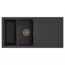 HD Onyx Antracit 100 egymedencés mosogatótálca szett, matt fekete csepegtetőráccsal és kosárral, csepegtetőtálcával, matt antracit színben, szálcsiszolt arany leeresztő szifonnal