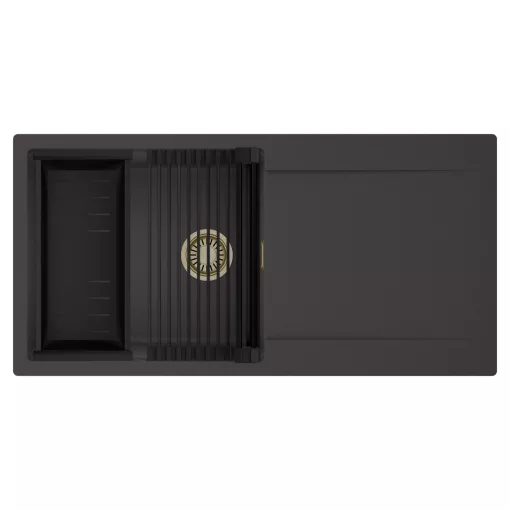 HD Onyx Antracit 100 egymedencés mosogatótálca szett, matt fekete csepegtetőráccsal és kosárral, csepegtetőtálcával, matt antracit színben, szálcsiszolt arany leeresztő szifonnal