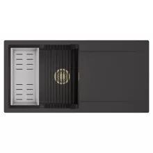 HD Onyx Antracit 100 egymedencés mosogatótálca szett, matt fekete csepegtetőráccsal és krómozott kosárral, csepegtetőtálcával, matt antracit színben, szálcsiszolt arany leeresztő szifonnal