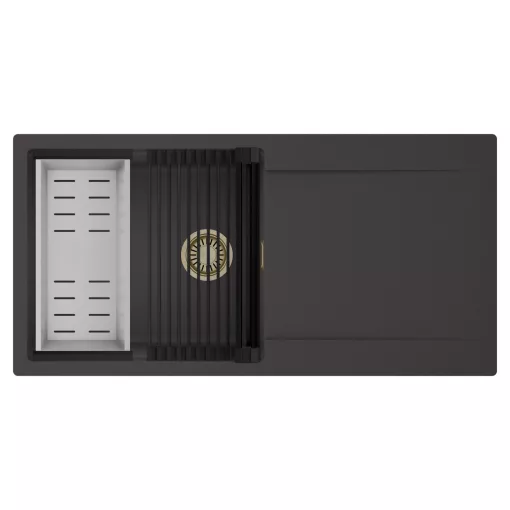 HD Onyx Antracit 100 egymedencés mosogatótálca szett, matt fekete csepegtetőráccsal és krómozott kosárral, csepegtetőtálcával, matt antracit színben, szálcsiszolt arany leeresztő szifonnal