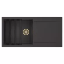HD Onyx Antracit 100 egymedencés mosogatótálca szett, matt fekete csepegtetőráccsal, csepegtetőtálcával, matt antracit színben, szálcsiszolt arany leeresztő szifonnal