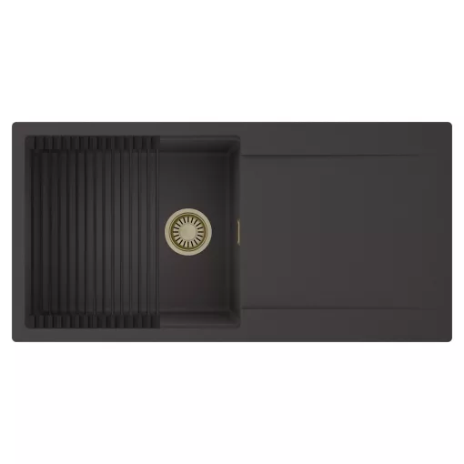 HD Onyx Antracit 100 egymedencés mosogatótálca szett, matt fekete csepegtetőráccsal, csepegtetőtálcával, matt antracit színben, szálcsiszolt arany leeresztő szifonnal