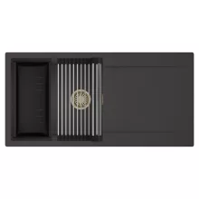 HD Onyx Antracit 100 egymedencés mosogatótálca szett, acél csepegtetőráccsal és matt fekete kosárral, csepegtetőtálcával, matt antracit színben, szálcsiszolt arany leeresztő szifonnal