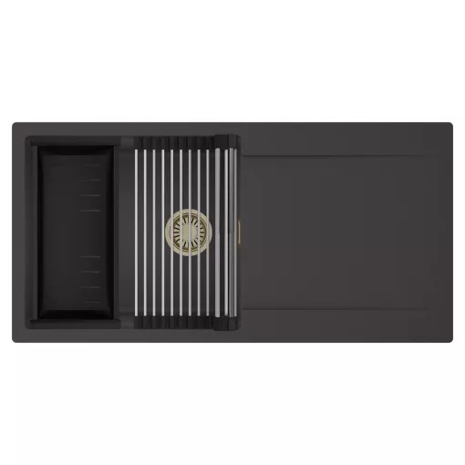 HD Onyx Antracit 100 egymedencés mosogatótálca szett, acél csepegtetőráccsal és matt fekete kosárral, csepegtetőtálcával, matt antracit színben, szálcsiszolt arany leeresztő szifonnal