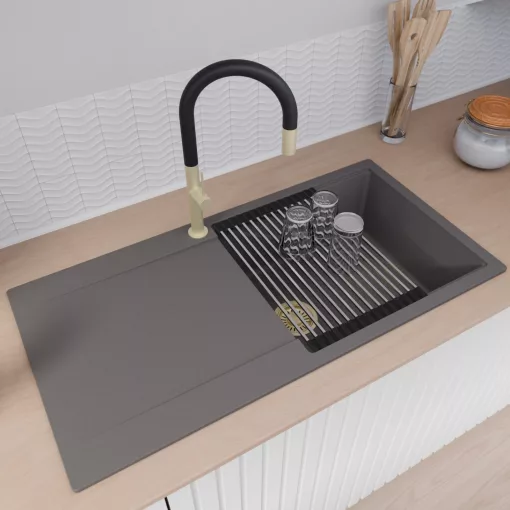 HD Onyx Antracit 100 egymedencés mosogatótálca szett, acél csepegtetőráccsal és matt fekete kosárral, csepegtetőtálcával, matt antracit színben, szálcsiszolt arany leeresztő szifonnal