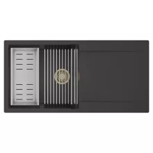 HD Onyx Antracit 100 egymedencés mosogatótálca szett, acél csepegtetőráccsal és kosárral, csepegtetőtálcával, matt antracit színben, szálcsiszolt arany leeresztő szifonnal