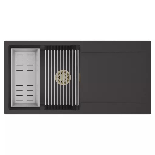 HD Onyx Antracit 100 egymedencés mosogatótálca szett, acél csepegtetőráccsal és kosárral, csepegtetőtálcával, matt antracit színben, szálcsiszolt arany leeresztő szifonnal