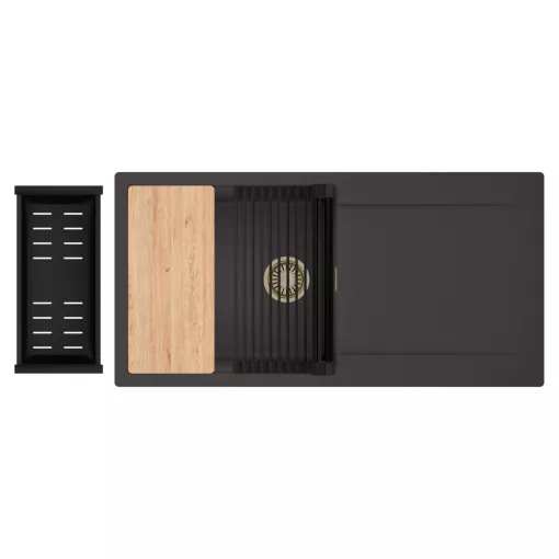 HD Onyx Antracit 100 egymedencés gránit mosogatótálca szett, csepegtetőtálcával, vágódeszkával, matt fekete csepegtetőráccsal és kosárral, matt antracit színben, szálcsiszolt arany leeresztő szifonnal
