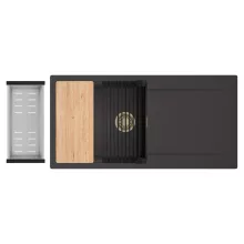 HD Onyx Antracit 100 egymedencés gránit mosogatótálca szett, csepegtetőtálcával, vágódeszkával, matt fekete csepegtetőráccsal és krómozott kosárral, matt antracit színben, szálcsiszolt arany leeresztő szifonnal