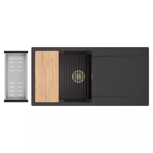 HD Onyx Antracit 100 egymedencés gránit mosogatótálca szett, csepegtetőtálcával, vágódeszkával, matt fekete csepegtetőráccsal és krómozott kosárral, matt antracit színben, szálcsiszolt arany leeresztő szifonnal
