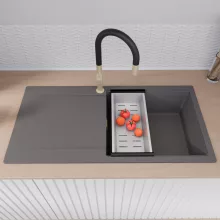 HD Onyx Antracit 100 egymedencés gránit mosogatótálca szett, csepegtetőtálcával, vágódeszkával, matt fekete csepegtetőráccsal és krómozott kosárral, matt antracit színben, szálcsiszolt arany leeresztő szifonnal