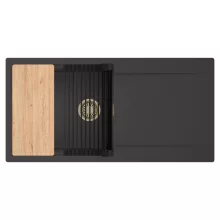 HD Onyx Antracit 100 egymedencés gránit mosogatótálca szett, csepegtetőtálcával, vágódeszkával, matt fekete csepegtetőráccsal, matt antracit színben, szálcsiszolt arany leeresztő szifonnal