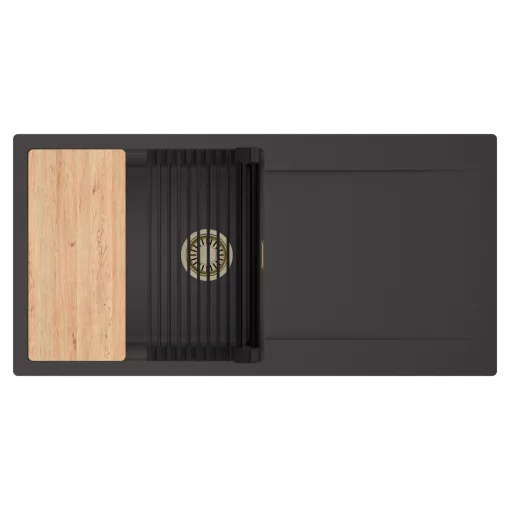 HD Onyx Antracit 100 egymedencés gránit mosogatótálca szett, csepegtetőtálcával, vágódeszkával, matt fekete csepegtetőráccsal, matt antracit színben, szálcsiszolt arany leeresztő szifonnal