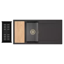 HD Onyx Antracit 100 egymedencés gránit mosogatótálca szett, csepegtetőtálcával, vágódeszkával, acél csepegtetőráccsal és matt fekete kosárral, matt antracit színben, szálcsiszolt arany leeresztő szifonnal