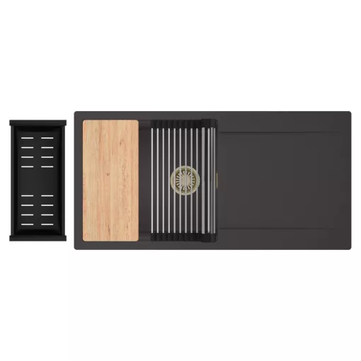HD Onyx Antracit 100 egymedencés gránit mosogatótálca szett, csepegtetőtálcával, vágódeszkával, acél csepegtetőráccsal és matt fekete kosárral, matt antracit színben, szálcsiszolt arany leeresztő szifonnal