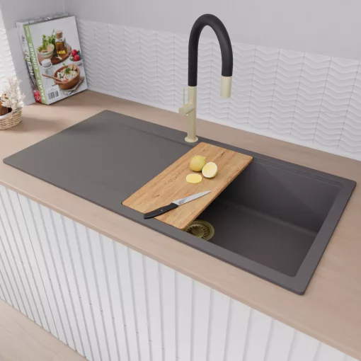 HD Onyx Antracit 100 egymedencés gránit mosogatótálca szett, csepegtetőtálcával, vágódeszkával, acél csepegtetőráccsal és matt fekete kosárral, matt antracit színben, szálcsiszolt arany leeresztő szifonnal