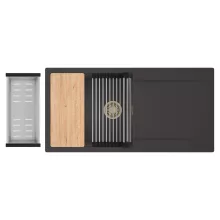 HD Onyx Antracit 100 egymedencés gránit mosogatótálca szett, csepegtetőtálcával, vágódeszkával, acél csepegtetőráccsal és kosárral, matt antracit színben, szálcsiszolt arany leeresztő szifonnal