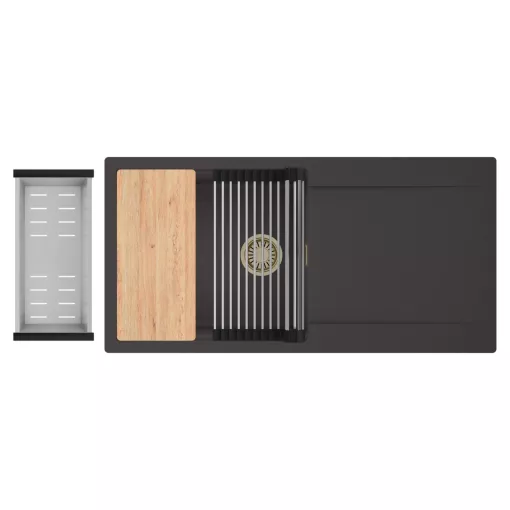 HD Onyx Antracit 100 egymedencés gránit mosogatótálca szett, csepegtetőtálcával, vágódeszkával, acél csepegtetőráccsal és kosárral, matt antracit színben, szálcsiszolt arany leeresztő szifonnal
