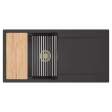 HD Onyx Antracit 100 egymedencés gránit mosogatótálca szett, csepegtetőtálcával, vágódeszkával, acél csepegtetőráccsal, matt antracit színben, szálcsiszolt arany leeresztő szifonnal