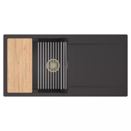 HD Onyx Antracit 100 egymedencés gránit mosogatótálca szett, csepegtetőtálcával, vágódeszkával, acél csepegtetőráccsal, matt antracit színben, szálcsiszolt arany leeresztő szifonnal