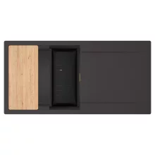 HD Onyx Antracit 100 egymedencés gránit mosogatótálca szett, csepegtetőtálcával, vágódeszkával, matt fekete csepegtetőkosárral, matt antracit színben, szálcsiszolt arany leeresztő szifonnal