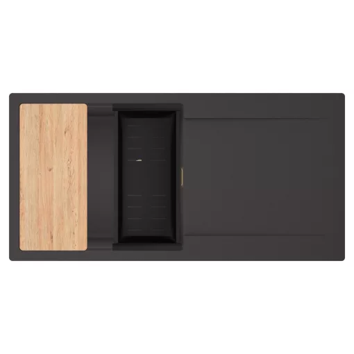 HD Onyx Antracit 100 egymedencés gránit mosogatótálca szett, csepegtetőtálcával, vágódeszkával, matt fekete csepegtetőkosárral, matt antracit színben, szálcsiszolt arany leeresztő szifonnal