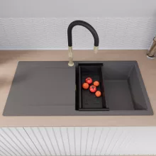 HD Onyx Antracit 100 egymedencés gránit mosogatótálca szett, csepegtetőtálcával, vágódeszkával, matt fekete csepegtetőkosárral, matt antracit színben, szálcsiszolt arany leeresztő szifonnal