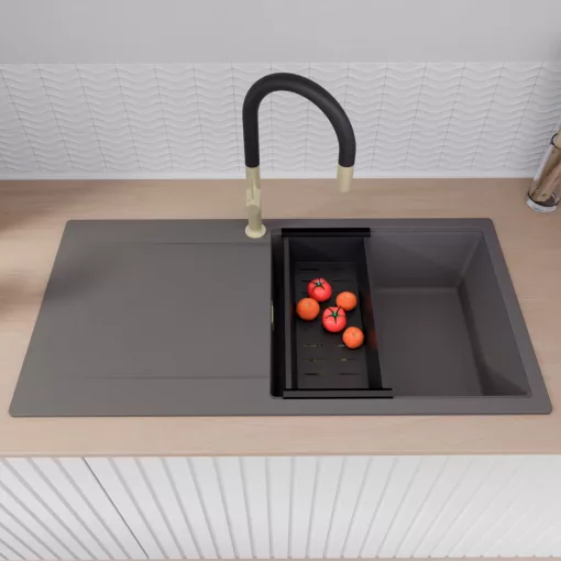 HD Onyx Antracit 100 egymedencés gránit mosogatótálca szett, csepegtetőtálcával, vágódeszkával, matt fekete csepegtetőkosárral, matt antracit színben, szálcsiszolt arany leeresztő szifonnal