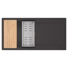 HD Onyx Antracit 100 egymedencés gránit mosogatótálca szett, csepegtetőtálcával, vágódeszkával, acél csepegtetőkosárral, matt antracit színben, szálcsiszolt arany leeresztő szifonnal