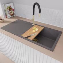 HD Onyx Antracit 100 egymedencés gránit mosogatótálca szett, csepegtetőtálcával, vágódeszkával, acél csepegtetőkosárral, matt antracit színben, szálcsiszolt arany leeresztő szifonnal