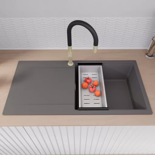 HD Onyx Antracit 100 egymedencés gránit mosogatótálca szett, csepegtetőtálcával, vágódeszkával, acél csepegtetőkosárral, matt antracit színben, szálcsiszolt arany leeresztő szifonnal