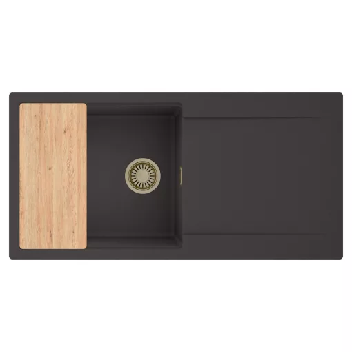 HD Onyx Antracit 100 egymedencés gránit mosogatótálca, vágódeszkával, matt antracit színben, szálcsiszolt arany leeresztő szifonnal