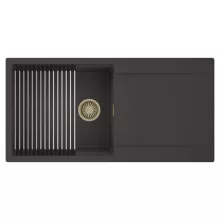 HD Onyx Antracit 100 egymedencés mosogatótálca szett, acél csepegtetőráccsal, csepegtetőtálcával, matt antracit színben, szálcsiszolt arany leeresztő szifonnal