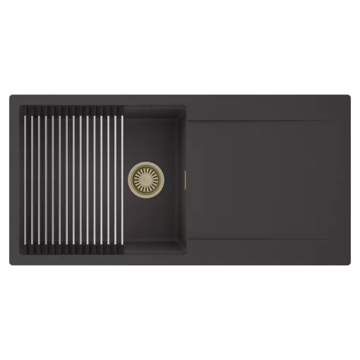 HD Onyx Antracit 100 egymedencés mosogatótálca szett, acél csepegtetőráccsal, csepegtetőtálcával, matt antracit színben, szálcsiszolt arany leeresztő szifonnal