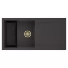 HD Onyx Antracit 100 egymedencés mosogatótálca szett, matt fekete csepegtetőkosárral, csepegtetőtálcával, matt antracit színben, szálcsiszolt arany leeresztő szifonnal